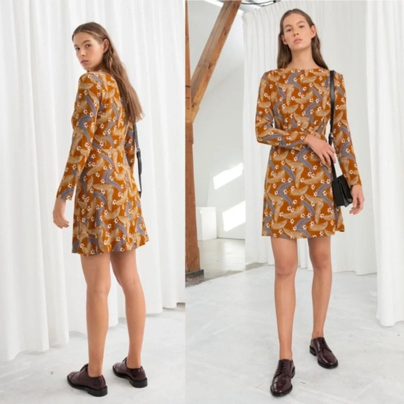 & Other Stories Ruched Floral Mini Dress in Orange Women’s US 2 Summer Spring - Picture 2 of 15
